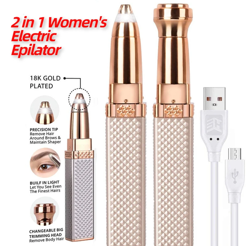 2 em 1 Depilador Elétrico Carregamento USB Portátil Removedor de Cabelo Biquíni Barbeador Indolor para Mulheres Corpo Facial Sobrancelha Trimmer