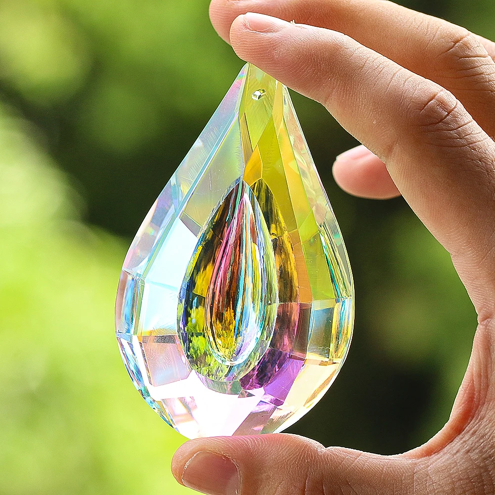 

76mm Teardrop Shaped Centerpiece Aurora Crystal Pendants for Chandeliers Outdoor Sun Catcher Garden Ornaments Hanging Ornament