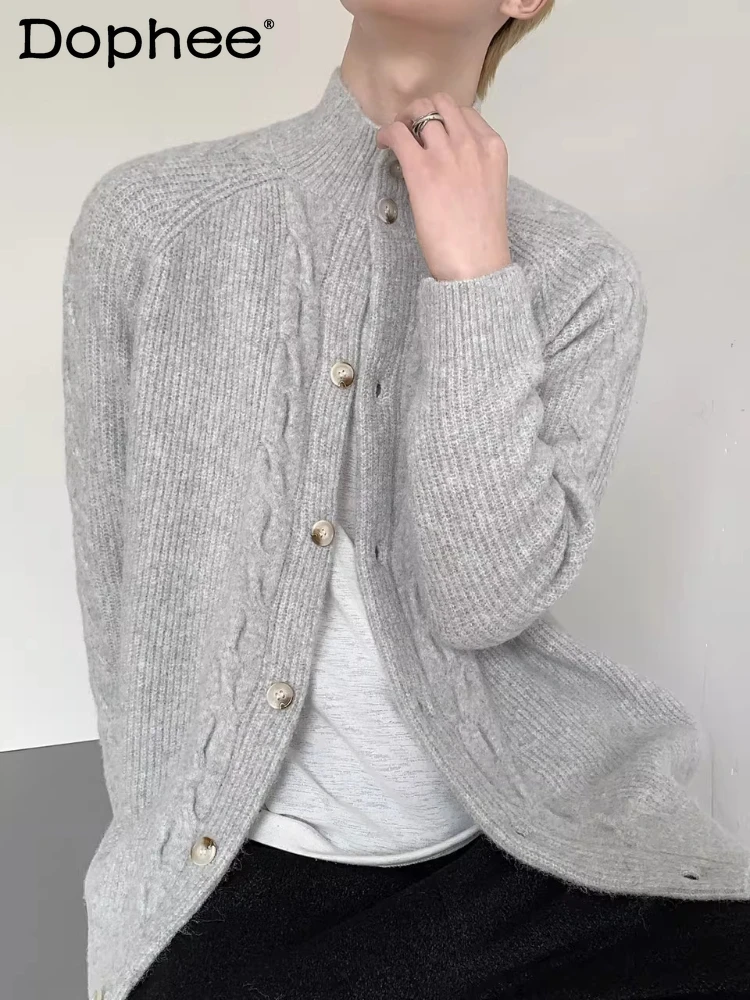 

Men's 2025 Winter New Stand Collar Sweaters Men's Button Cardigan Knitwears Jackets Stylish Solid Color Long Sleeve Knitted Tops