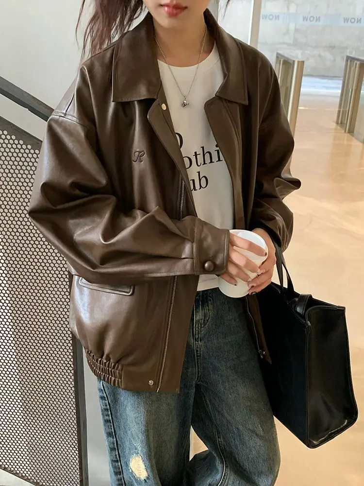

Vintage Leather Jacket Women Spring Autumn New Casual Outerwear Motorcycle Top Fashionable Cool High Street Handsome Biker Coat