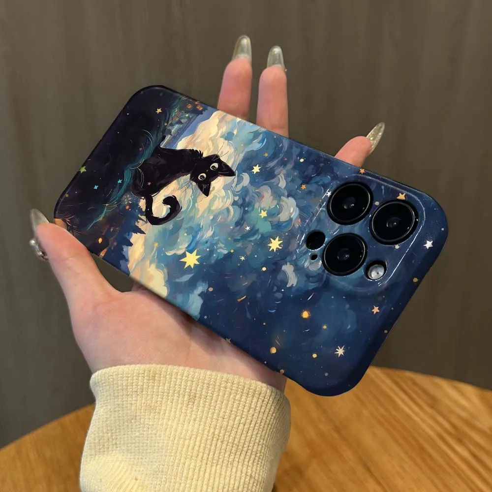 Starry Night Black Cat Cover For Apple iPhone 17 16 15 14 13 11 XS X Pro Plus Max Air Feilin Phone Case Wave Oil Phone Case