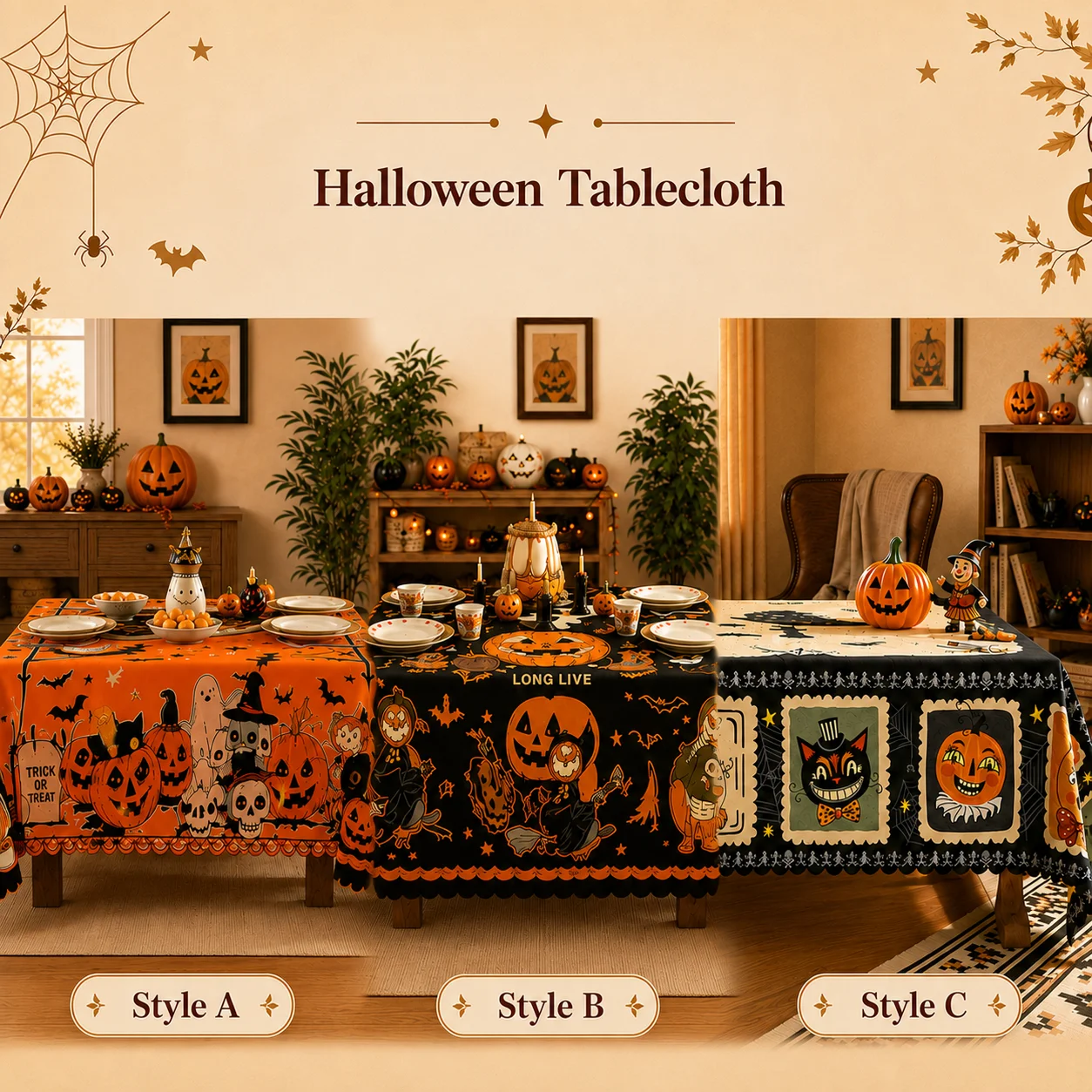 Halloween Tablecloth with Pumpkins, Witches, Ghosts, Bats and Spooky Autumn Motifs, Festive Haunted House Theme