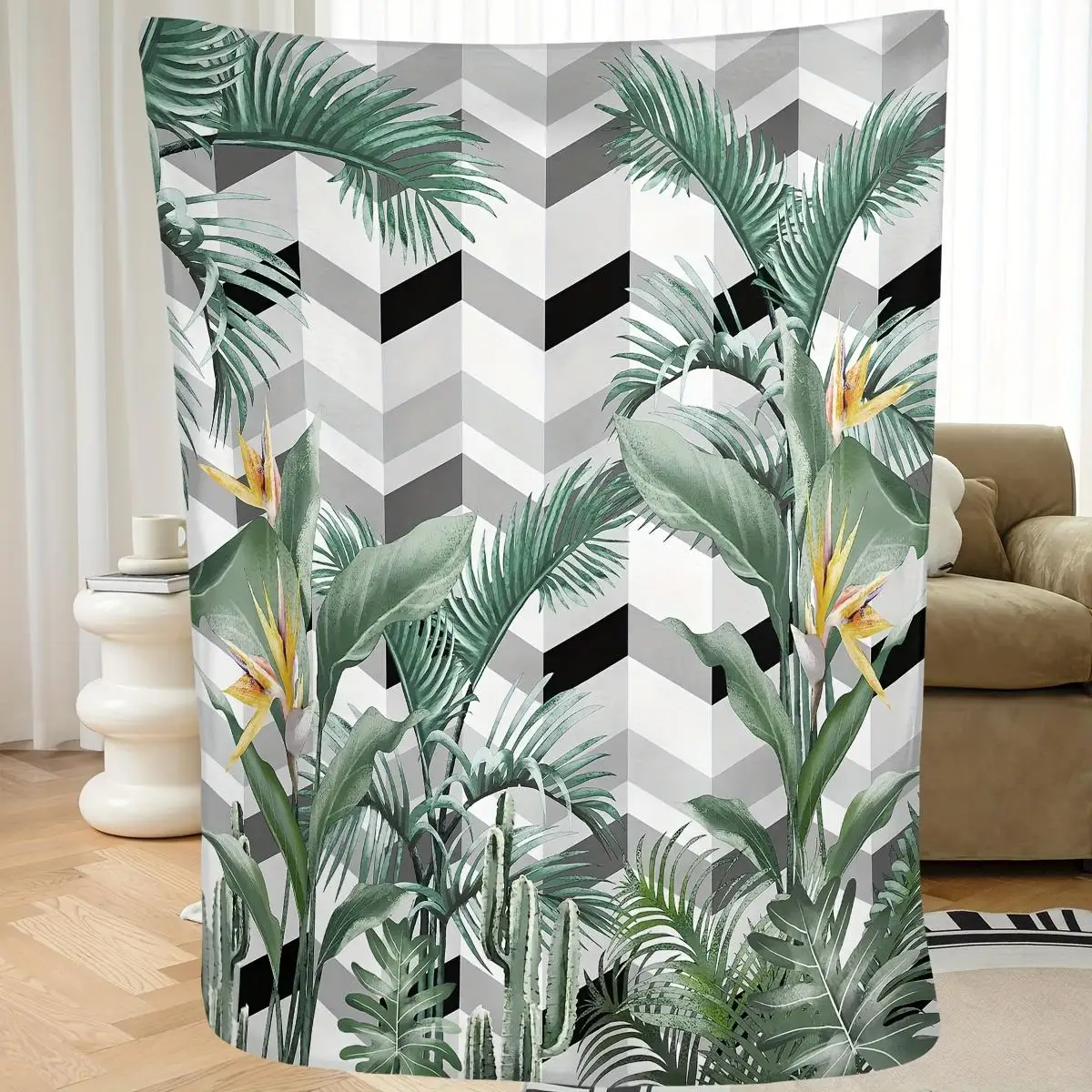 1pc Tropical palm leaf and bird of paradise print blanket, polyester fabric, machine washable, suitable for bedroom living room