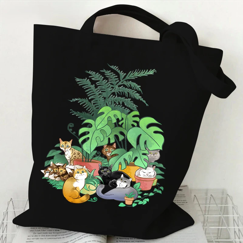 Cats and House Plants Print Women Canvas Shopping Bag Casual Female Shoulder Bag Eco Handbag Tote Reusable Grocery Shopper Bags