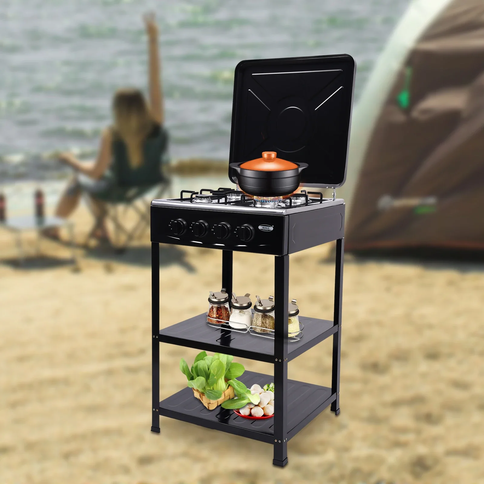 Portable Stove 4 Burner，Gas Stove with Support Leg Stand and Wind Blocking Cover Adapter with 2-Tier Storage Rack