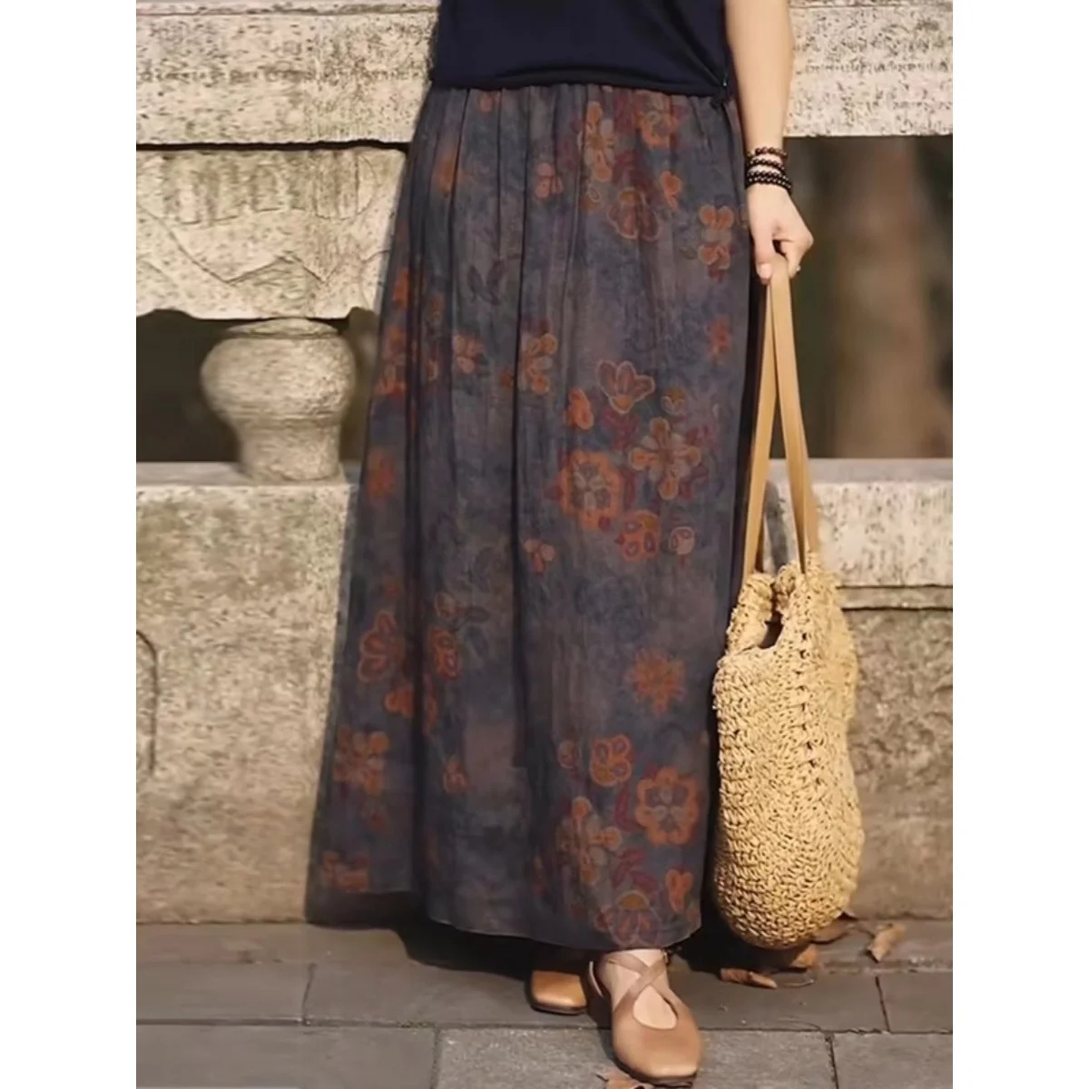 High Waist A-Line Printed Cotton Linen Skirt Women's Spring Summer New Style Long Skirt Floral Pattern Business Casual Skirt
