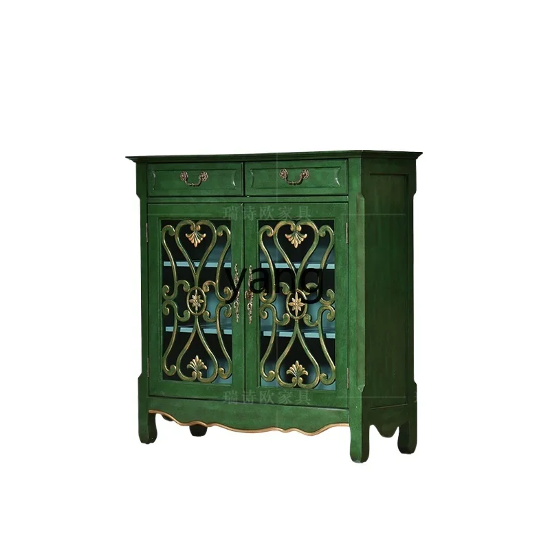 

Yjq entrance cabinet solid wood retro green living room storage side cabinet entrance door multi-layer