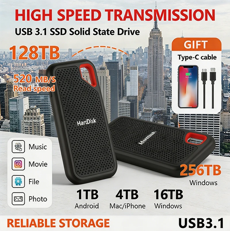 Disco Sólido de Transferência Rápida 1TB/2TB, HD Eficiente, SSD de Alta Qualidade 4TB, Disco Rígido Externo Durável para Laptop/PC/Telefone/Mac