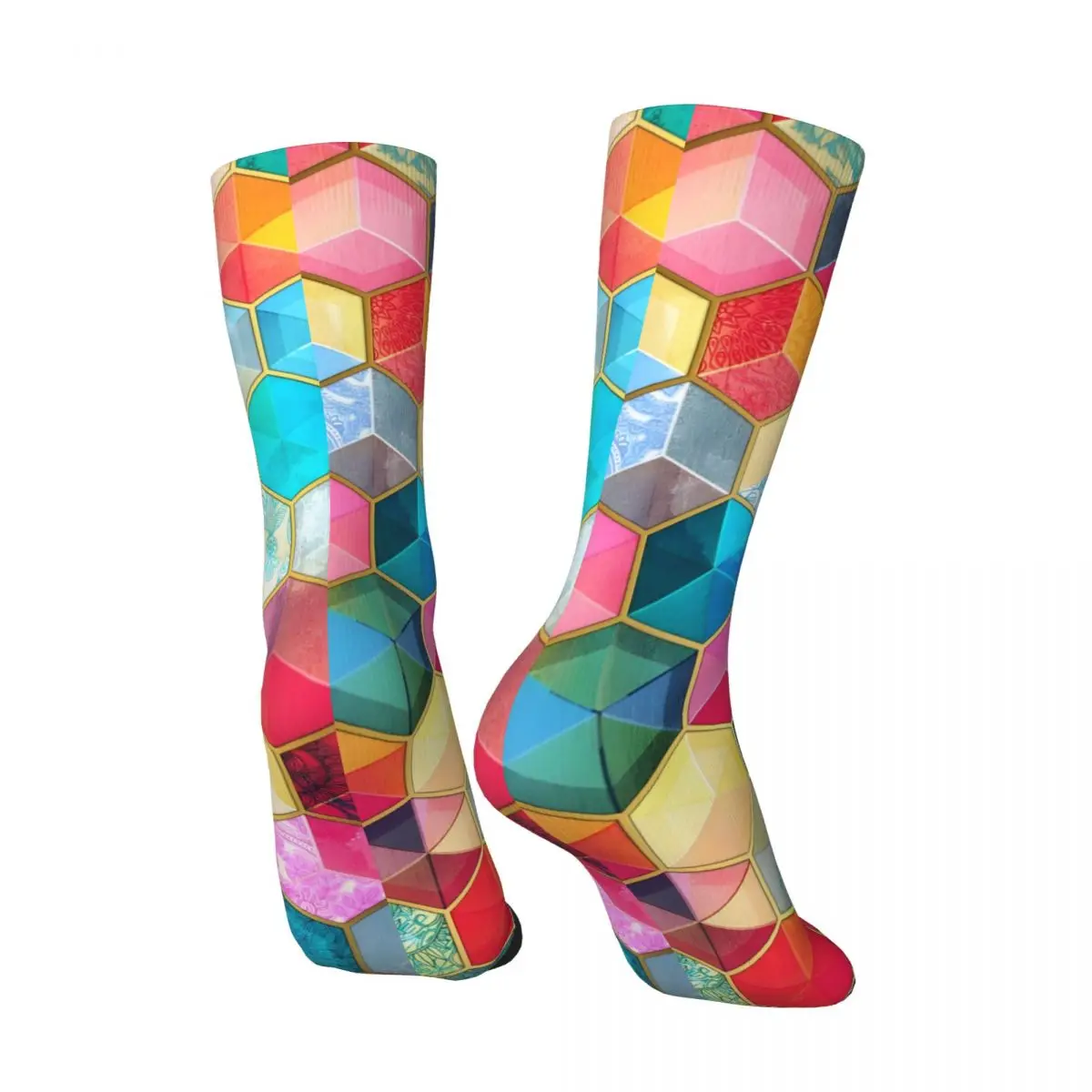 Crystal Bohemian Honeycomb Cubes - Colorful Hexagon Pattern Men's Socks Vintage Harajuku Street Style Novelty Seamless Crew Sock