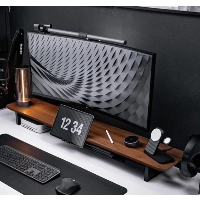 Walnut Monitor Stand with Drawer Ergonomic Desk Organizer Computer Screen Riser Office Wooden Elevation Frame for Laptop Desk