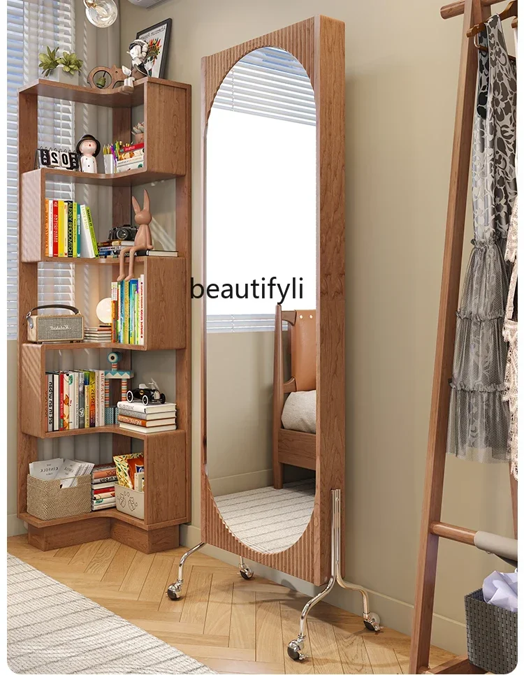 

Solid Wood Full-Length Mirror Floor Home Nordic Bedroom Invisible Multifunctional Storage Rotating Dressing Mirror