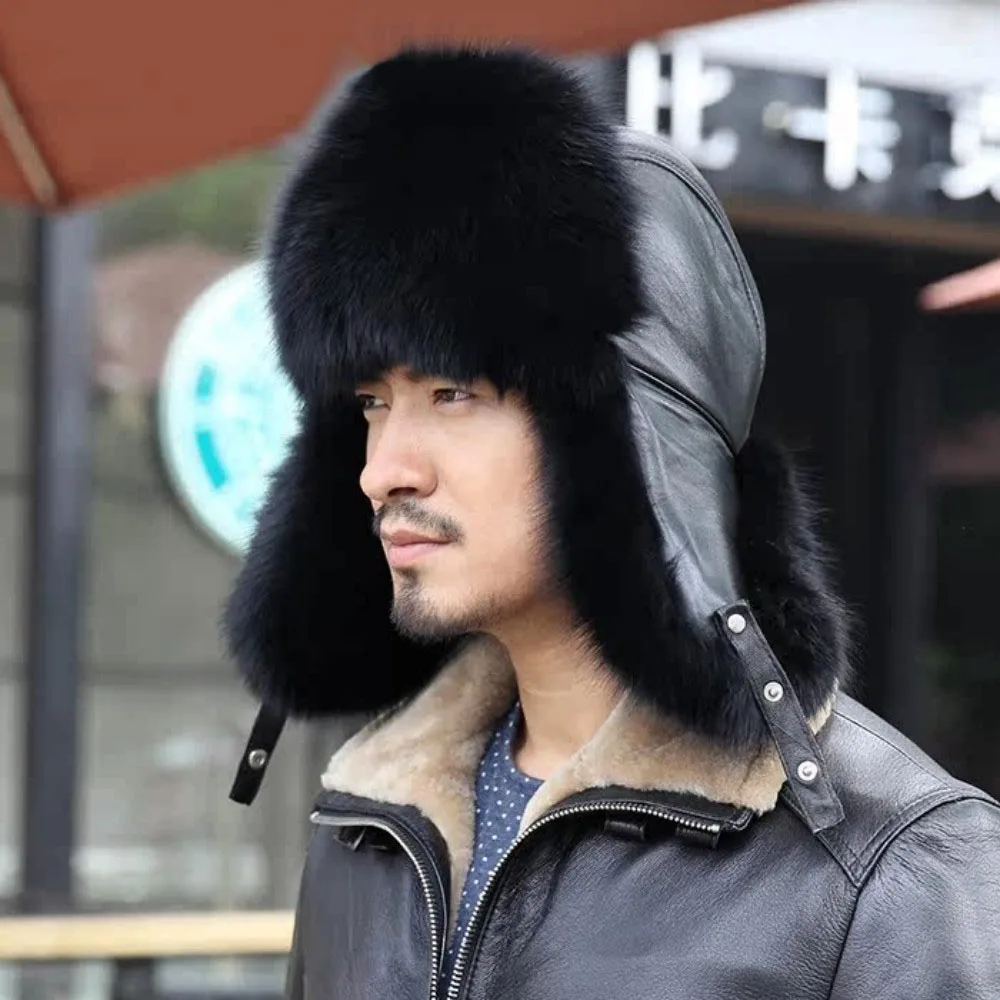 Women's Winter Hat With Earflaps Genuine Fox Fur Ear-Protecting Ushanka Men's Hat Real Sheep Leather Tops Russian Fur Snow Hat
