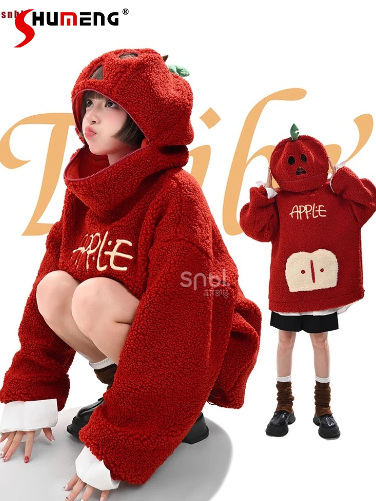 Christmas Kawaii Fun Apple Red Hoodies Tops Sweet Cute Embroidered Loose Casual Thick Fleeced Warm Sweatshirts for Women Winter