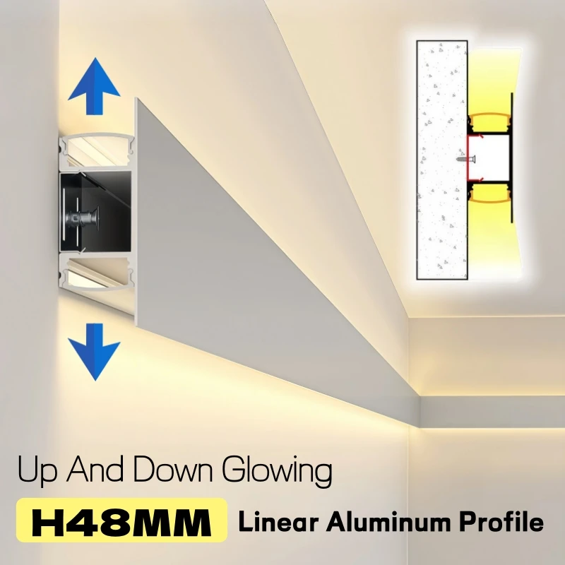 

H48mm Ceiling Waistline LED Aluminum Profile Double-Sided Glowing Channel Diffuser Stair Step Wall Mounted Decor Bar Strip Light