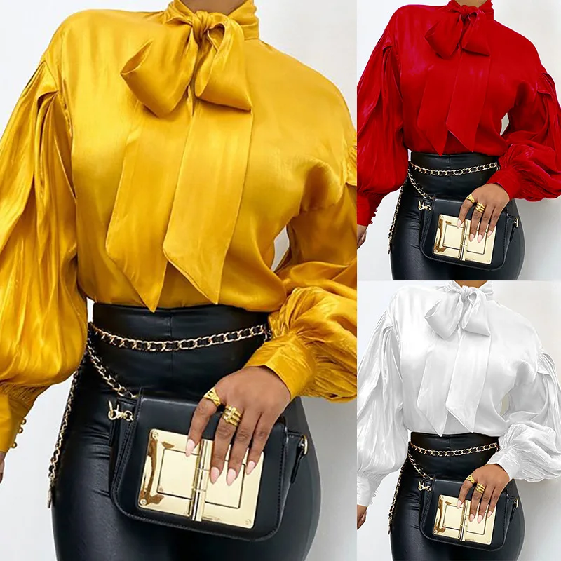 

Women Vintage Shirts Lantern Sleeve Solid Loose T Shirt Stand Collar Lace Up Solid Tops Blouses Office Lady 2024 Spring