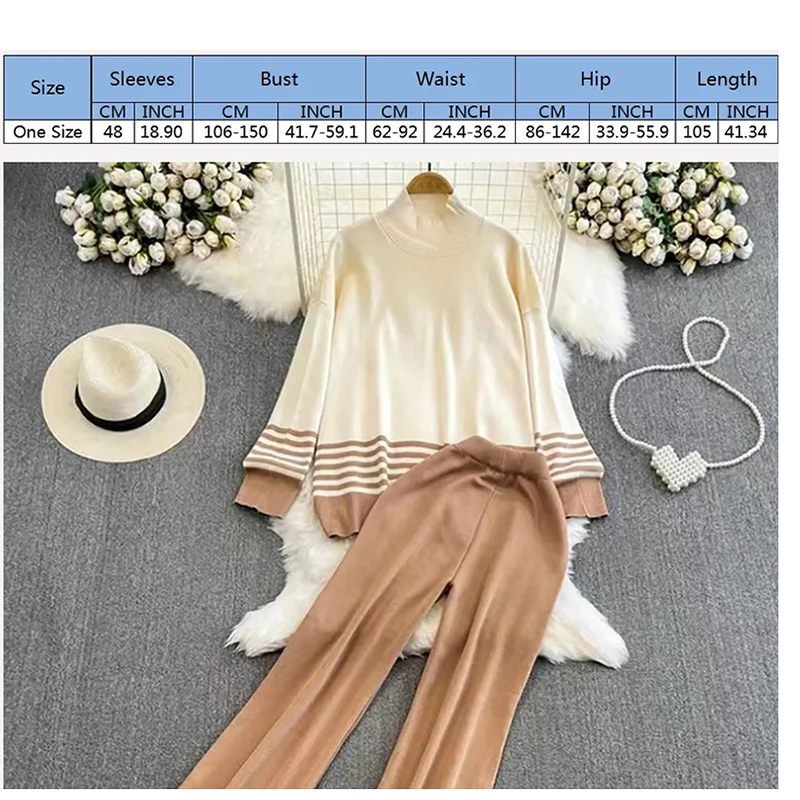 Casual Knitted Loose Long Sleeved Contrasting Top High Waist Slimming Wide Leg Long Pants Women Suit  Autumn Winter New In Sets