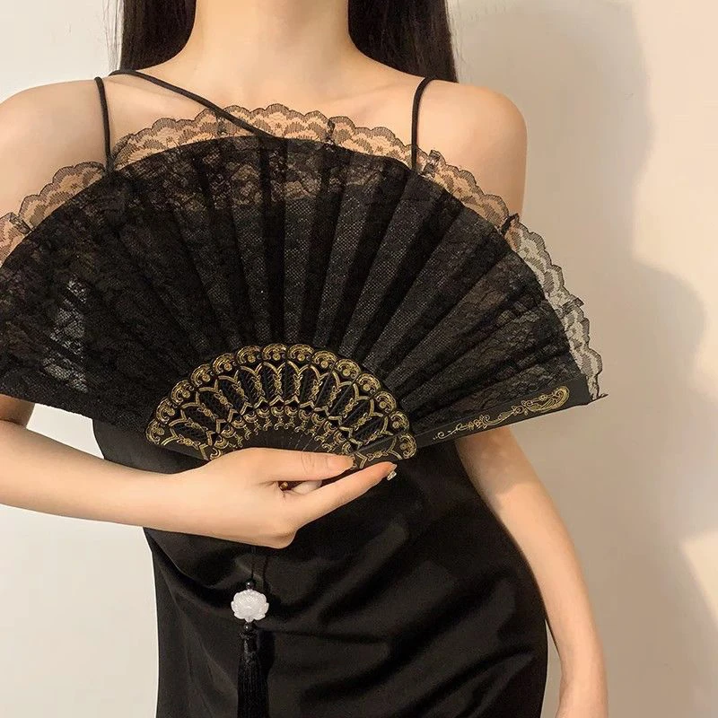 New Chinese Style Ladies Lace Hand Fan Folding Fan With Pendant Gift Wedding Cosplay Party Home Decorative Ornamen