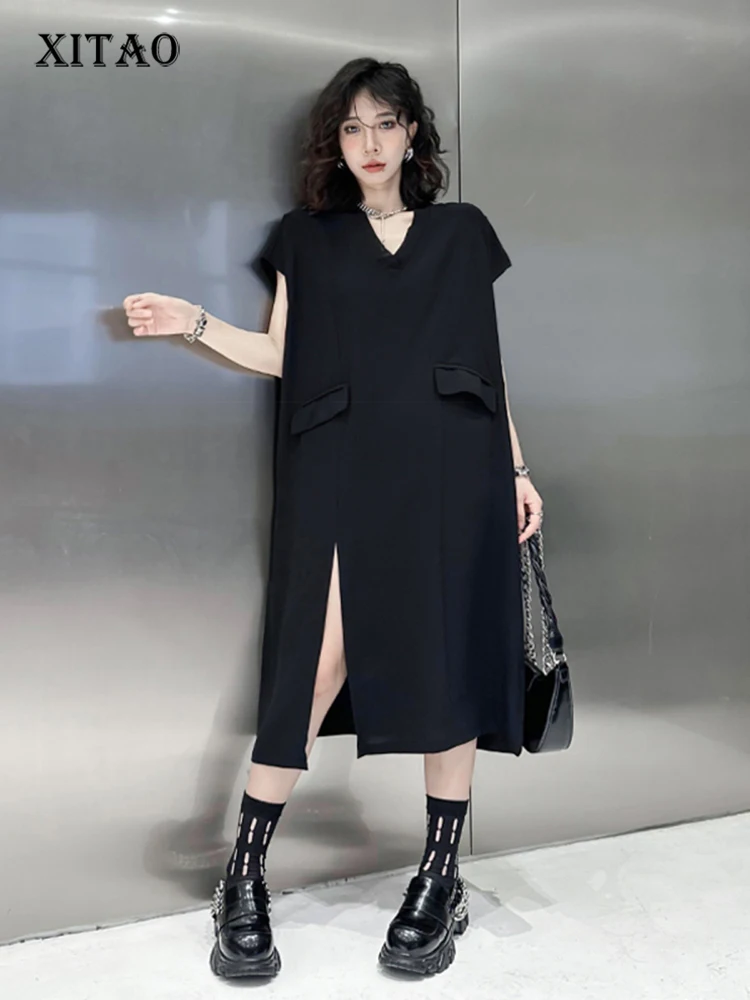 

XITAO Side Split Casual Dress O-neck Short Sleeve Pullover Solid Color Simplicity Loose Summer Fashion Women New Dress LYD1769