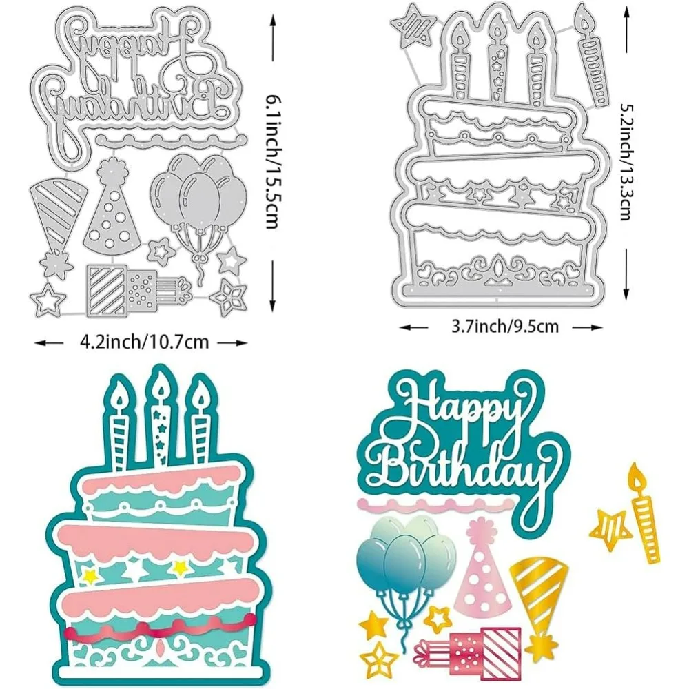 Happy Birthday Theme Die Cuts, Cake Balloon Hat Metal Embossing Stencil for Holiday Card Making Decoration and DIY Scrapbooking