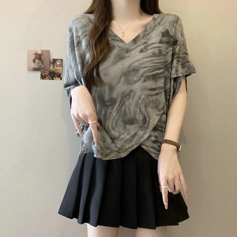Womens V Neck Batwing Sleeve Tie Dye Print  Hem Loose Casual T Shirt