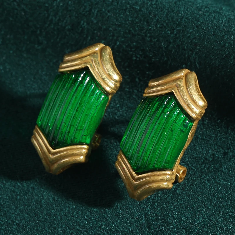 

Vintage Pattern Green Earrings Studs Glass Geometry For Woman Luxury Designer Jewelry Antique Gold Color Valentine Day Gif 2025