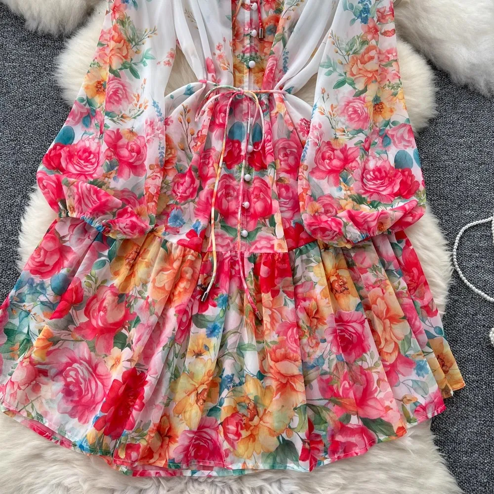 Vrouwen Boho Print Mini-Jurk Zomer Elegante Lantaarnmouw Strik V-Hals En Lijn Jurk Casual Losse Oversized Strandfeest Vestidos