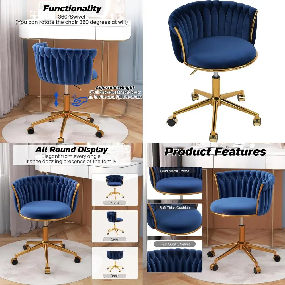 

Navy Blue Velvet Swivel Office Chair with Gold Base for Home, Bedroom, or Study in Small Spaces