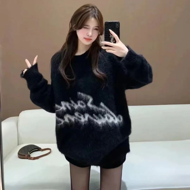 

Осень-зима женский жаккардовый вязаный свитер с монограммой и круглым вырезом, пуловеры с граффити, джемперы с длинными рукавами, новинка 2023 года