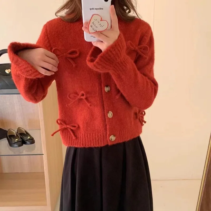 Hsa New Autumn and Winter Fashion Bow Solid Color Knitted Cardigan Women Jacket Sweater Sweet Forest Style Fresh