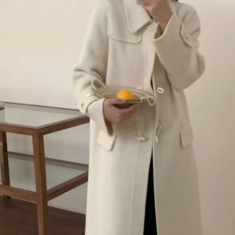 

Hand-sewn handmade double-sided cashmere coat for women, medium and long single-row two-grain horn buckle straight double-sided