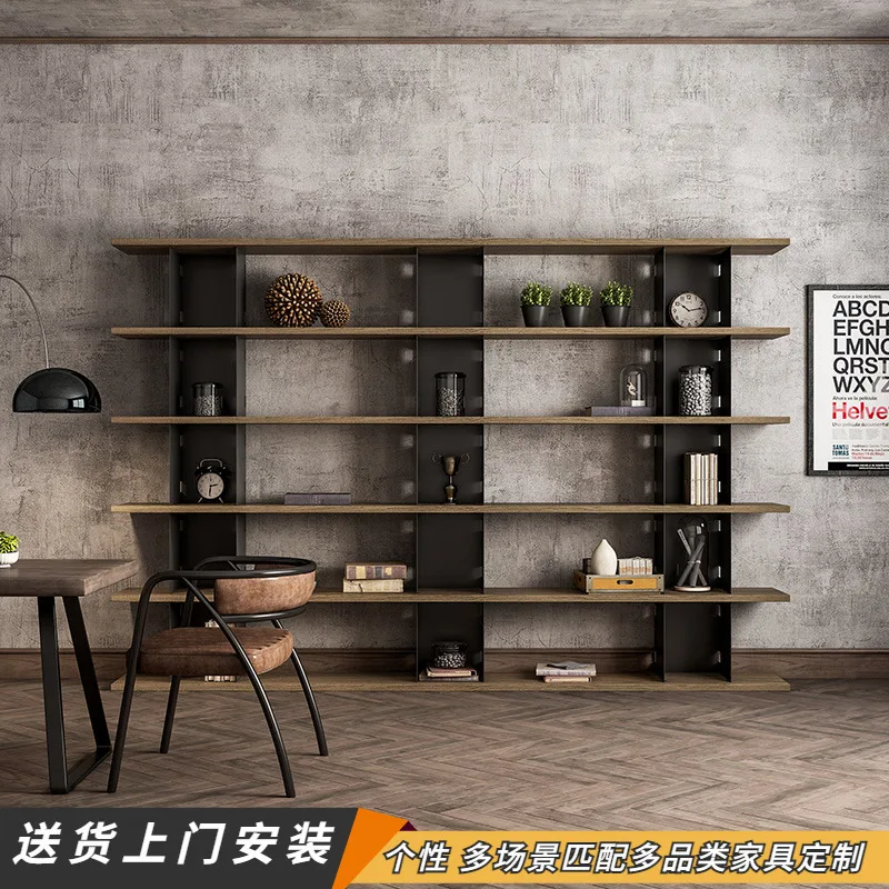 Industrial style wrought iron bookshelf Floor-to-ceiling solid wood shelf Retro display rack Office partition rack Loft display