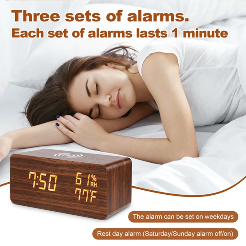 Top Deals Digital Alarm Clock, Temperature And Humidity Alarm Clock LED Electronic Clock Smartphone Wireless Charger
