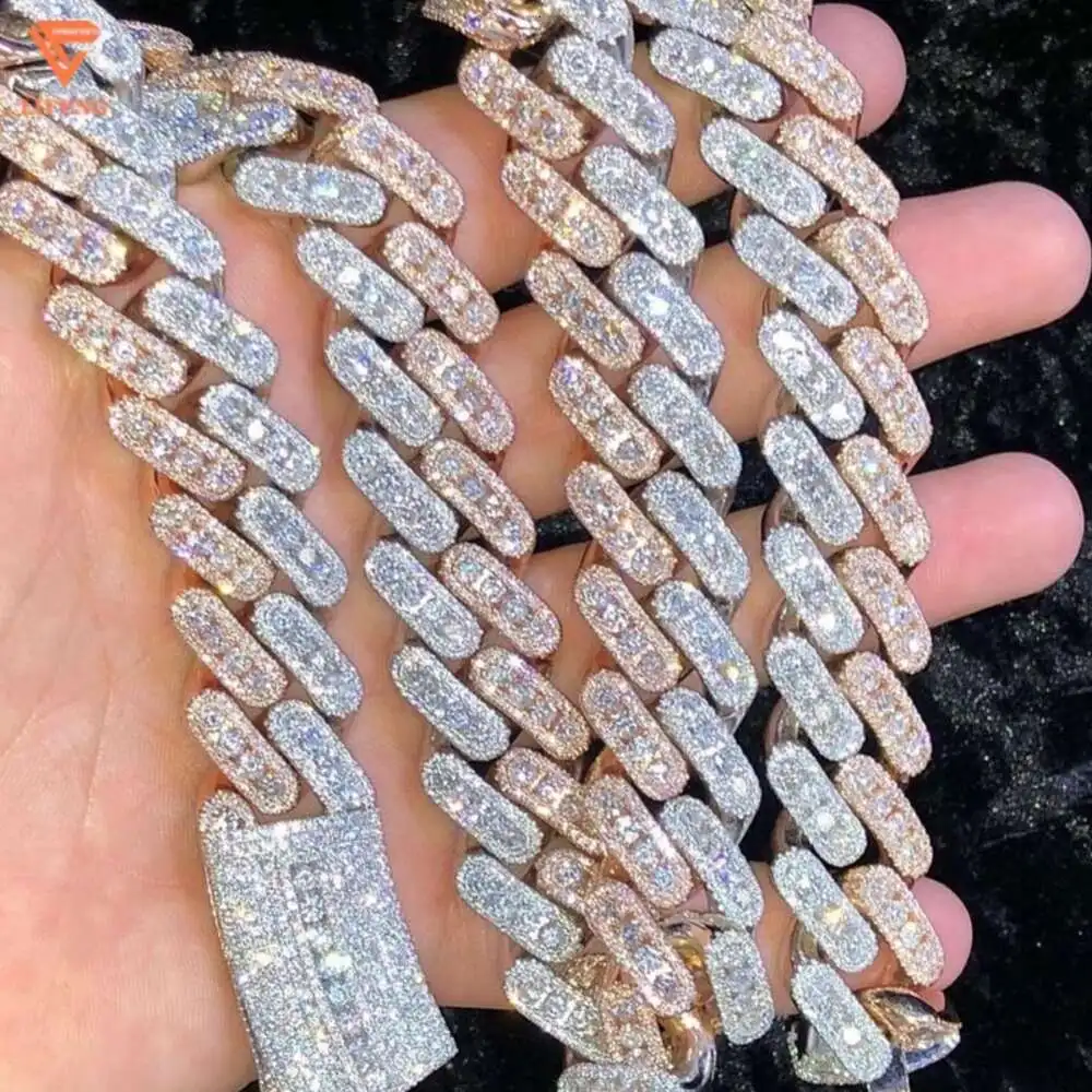 Lifeng Jewelry Ice Out 2 Tone Maimi Cuban Link Chain 925 Silver Baguette Cut Hip Hop Vvs Moissanite Diamond Cuban Chain Necklace