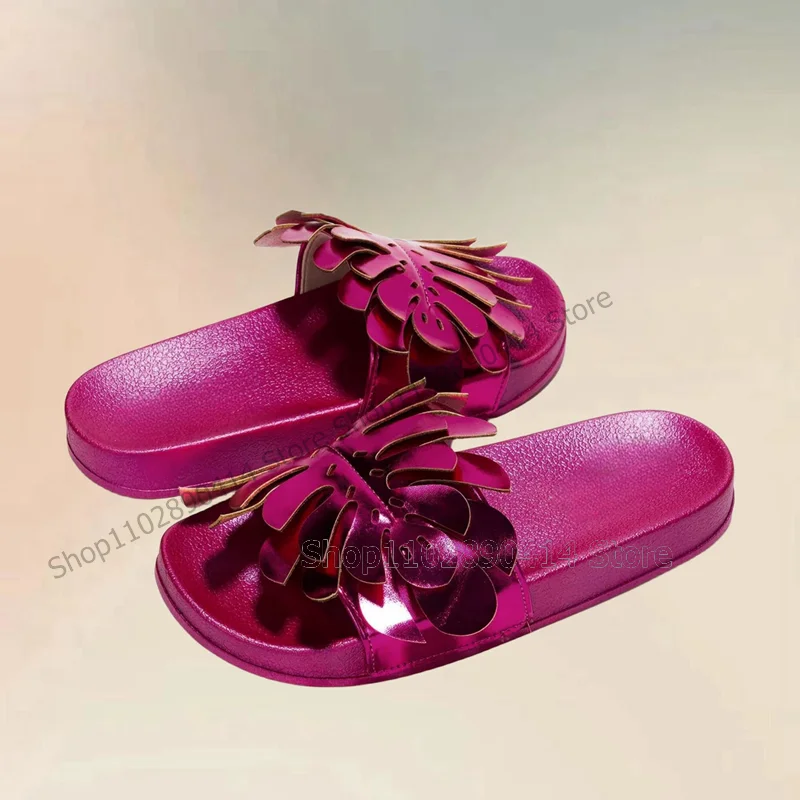 Rose Red Metal Flower Design Open Toe Slippers Slip On Women Shoes Novel Fashion Party Banquet Outdoors 2024 Zapatos Para Mujere