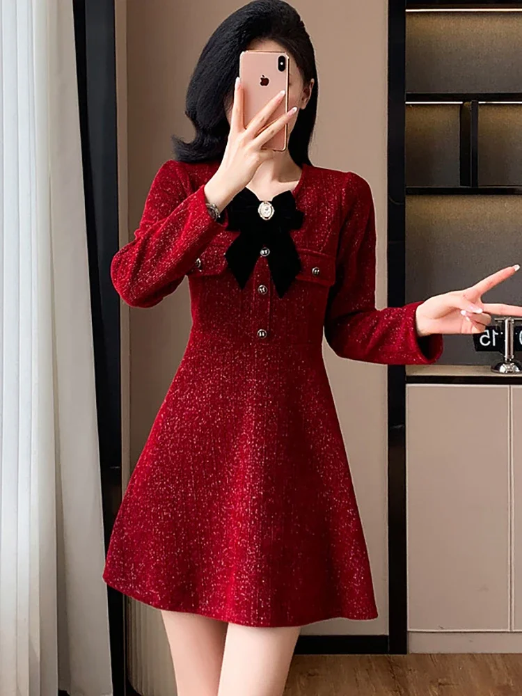 Women Red Bright Silk Chenille Casual Short Dress 2024 Korean Fashion Bow Collar Festival Dress Autumn Winter Elegant Prom Dress