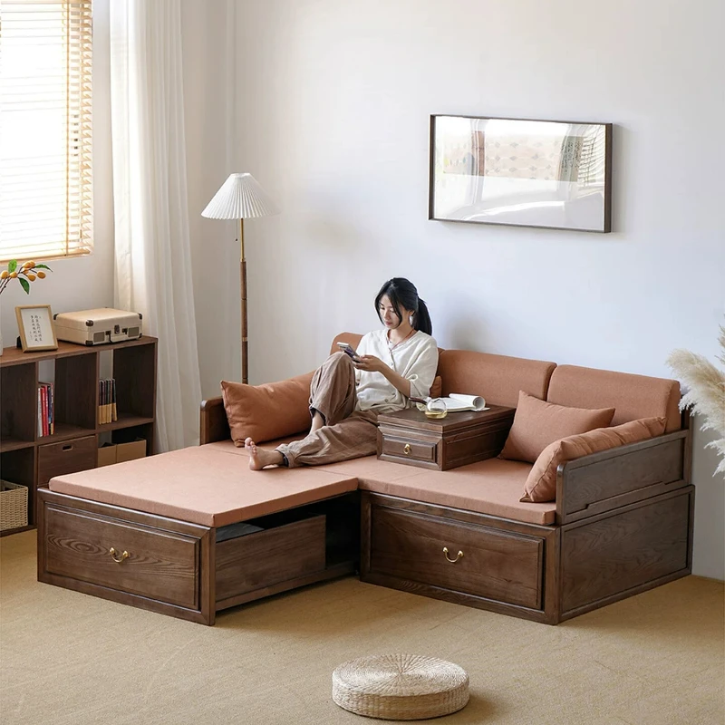 W 9.7-folding luohan bed solid wood new chinoiserie sofa bed small apartment living room dual-purpose sliding bed