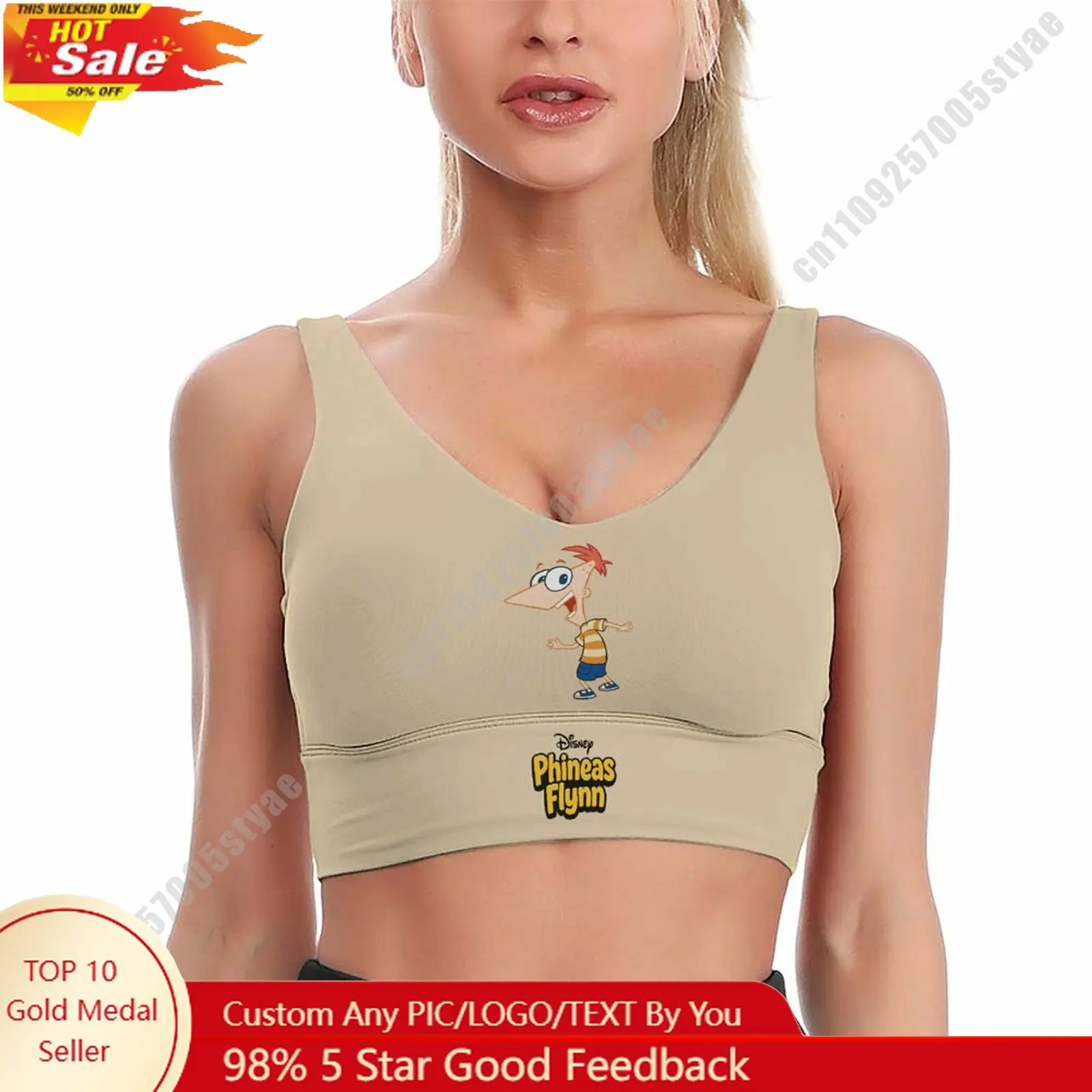 

Phineas Flynn Sports Bra Disney Character Custom Breathable Underwear Running Fitness Push Up Bra Fresh Fashionable Gifts