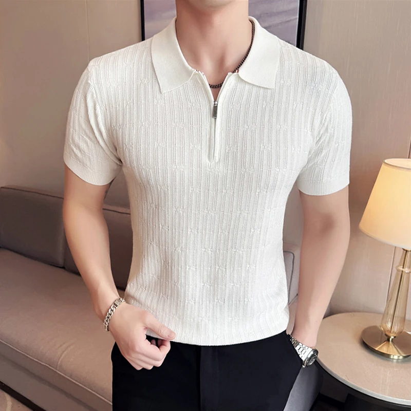 

Streetwear Soft Breathable Short Sleeved Knitted Men's Polo T Shirts for Men Business Slim Zipper Men Golf POLO Shirt Pullovers