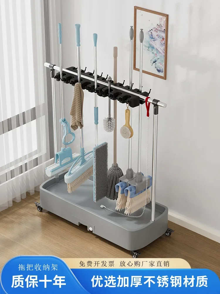 

Mobile Floor Mop Rack Commercial Stainless Steel Broom Balcony Cleaning Tools Storage Mop Drain Rack Shelf