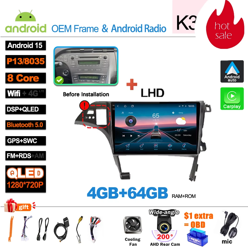 Android 16 autoradio, videomedia-speler, Carplay, GPS-navigatie voor Toyota Prius XW30 2009-2015