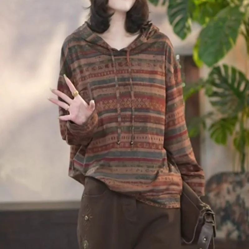 

Осенне-зимняя модная свободная повседневная универсальная толстовка с капюшоном и длинными рукавами в стиле ретро, женские топы