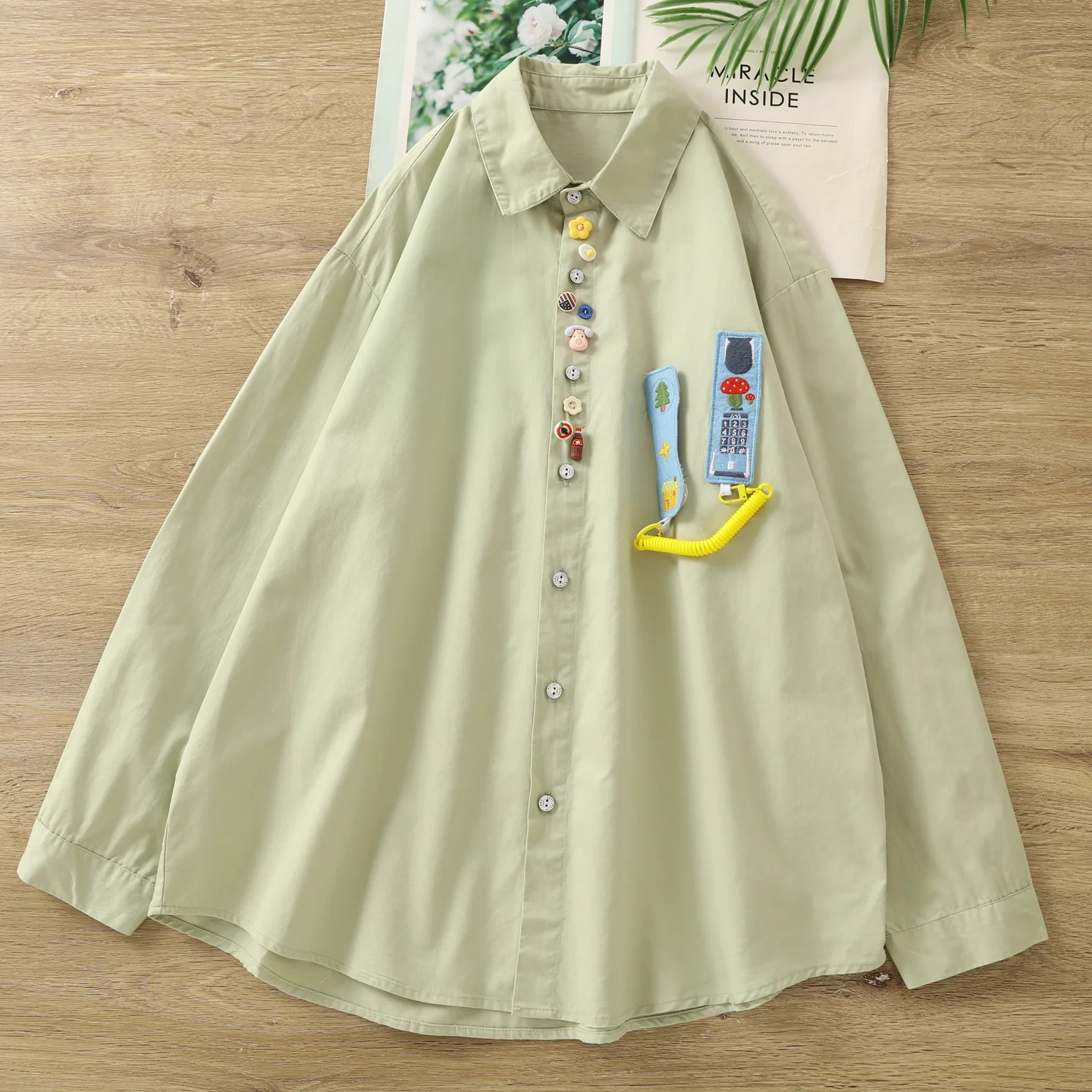 

Korean style women's clothing cartoon phone embroidery shirts and blouses for women original cotton long sleeve tops