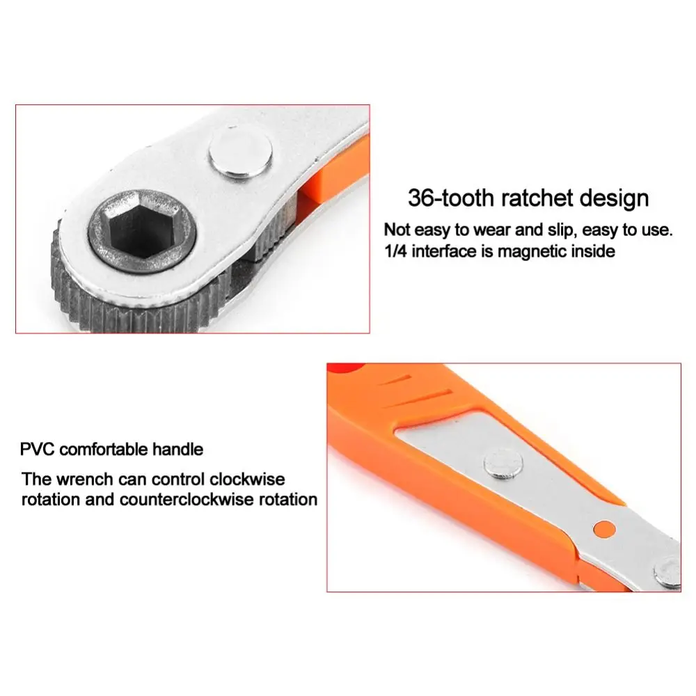 Black / Orange Mini Ratchet Wrench 1/4 Inch Hex Drive 36 Tooth Mechanism Socket Wrench Set Non-Slip Rubber Grip Universal
