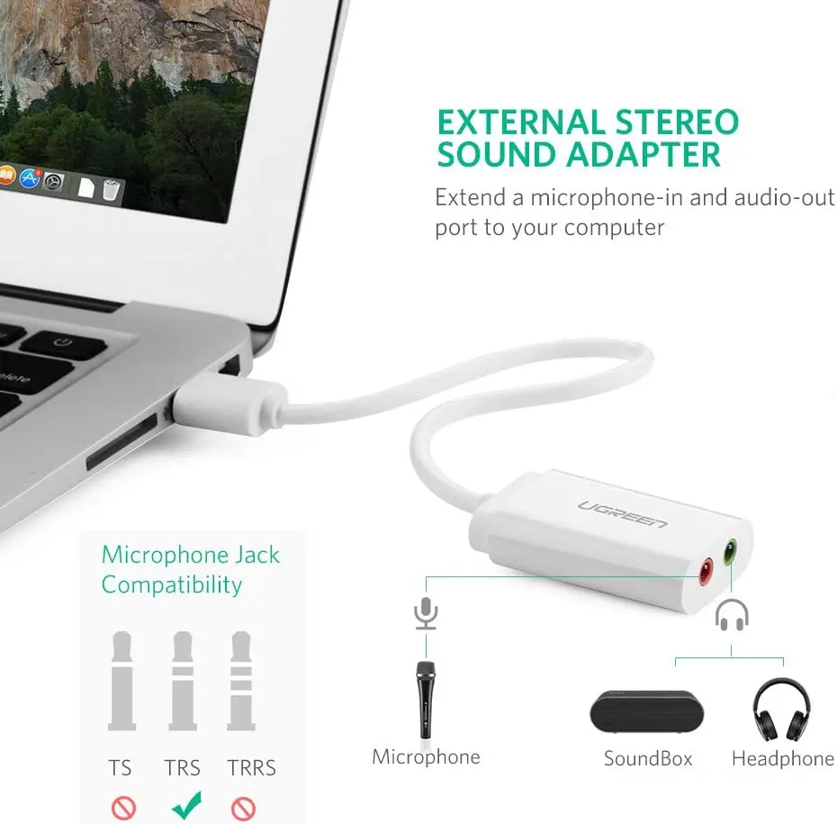 محول خارجي لبطاقة الصوت USB من Ugreen مع سماعة أذن 3.5 ملم ومقبس ميكروفون، بطاقة صوت التوصيل والتشغيل مناسبة للكمبيوتر