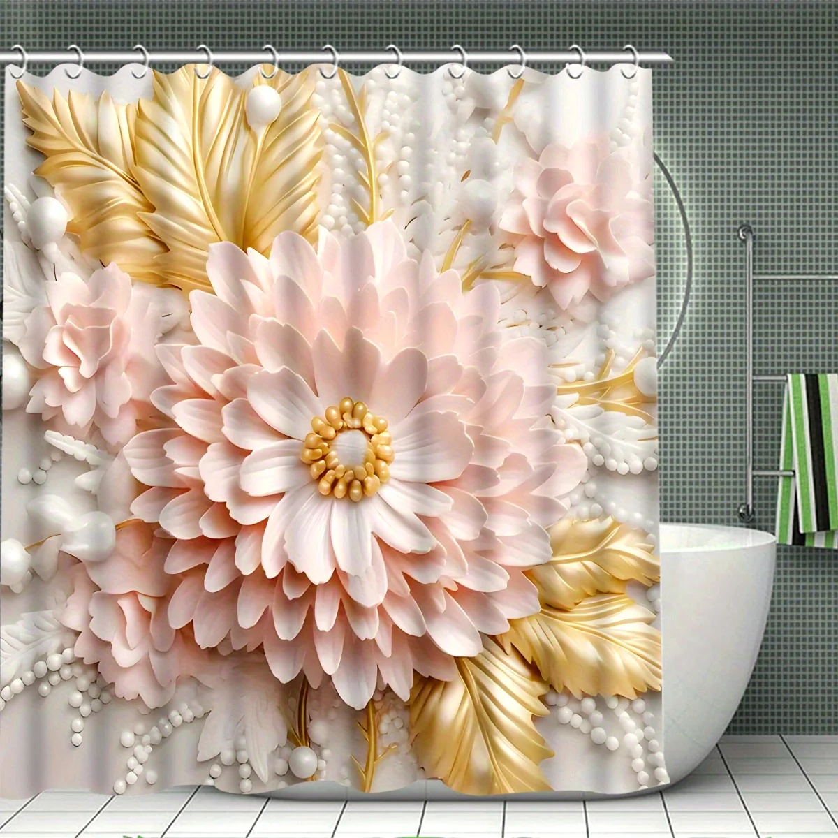 

3D Pink Floral and Gold Leaves Waterproof Mildew-Resistant Shower Curtain - Luxurious Design for a Elegant Bathroom Décor