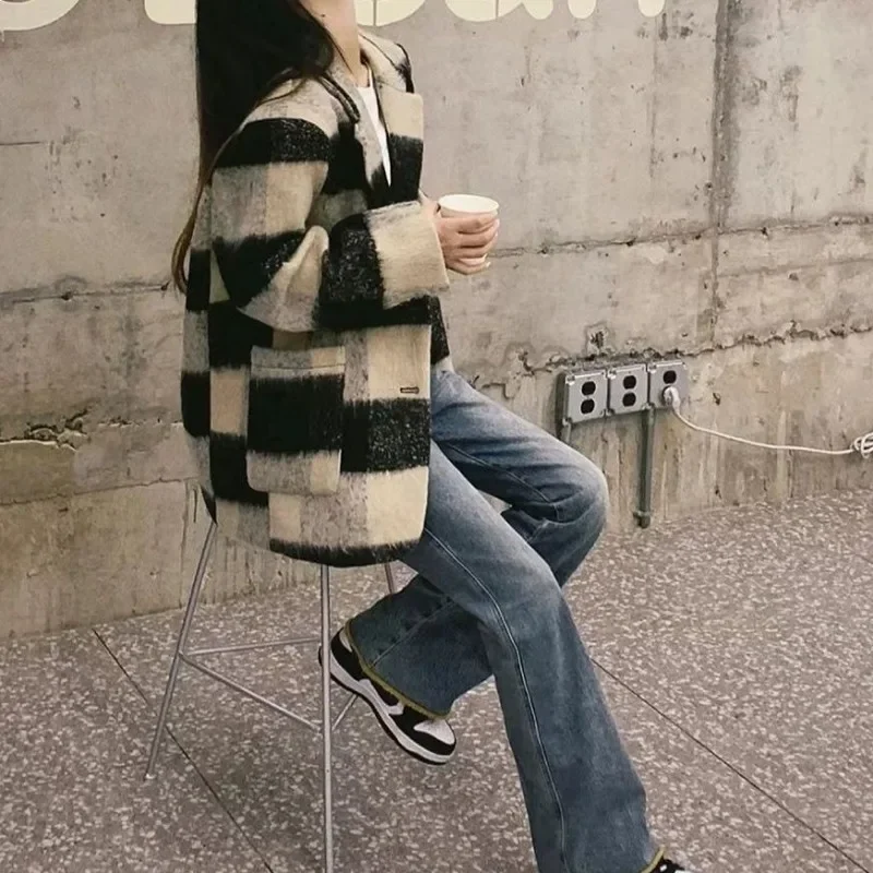 【Revival vintage】 F/W Giacca da donna a quadretti in stile britannico Cappotto in tweed ispessito Giacca da fidanzato oversize Autunno Streetwear