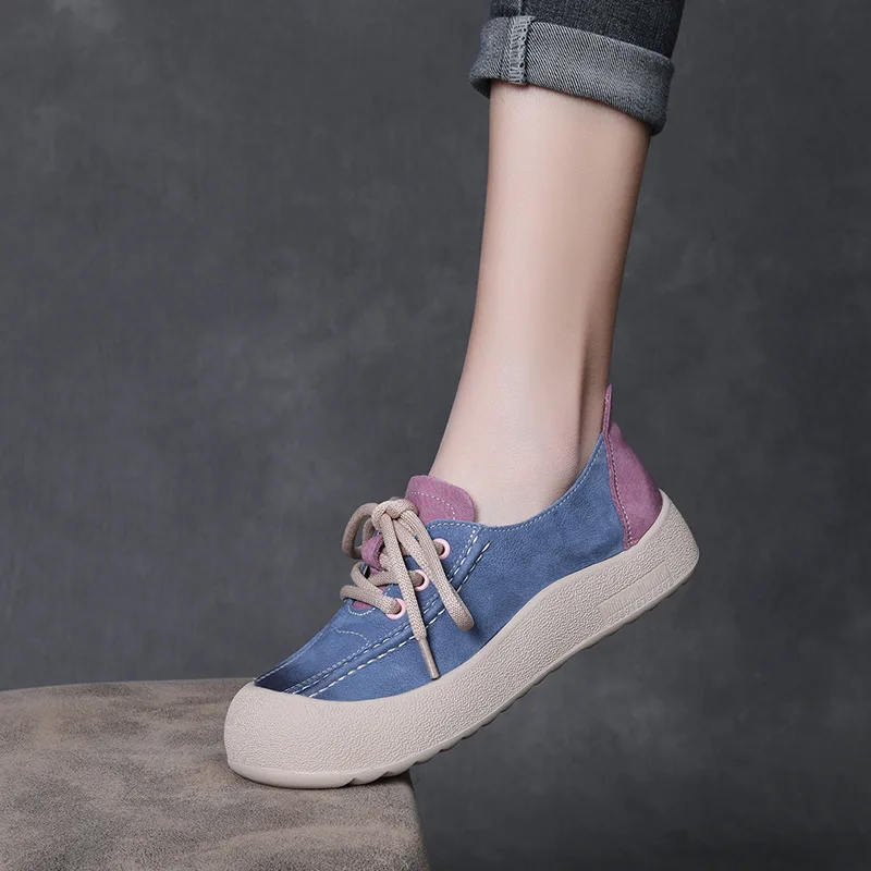 

Spring 2025 New Color Block Casual Shoes Women Flat Bottom Lace up Single Shoes Fashion Versatile Genuine Leather Shoes
