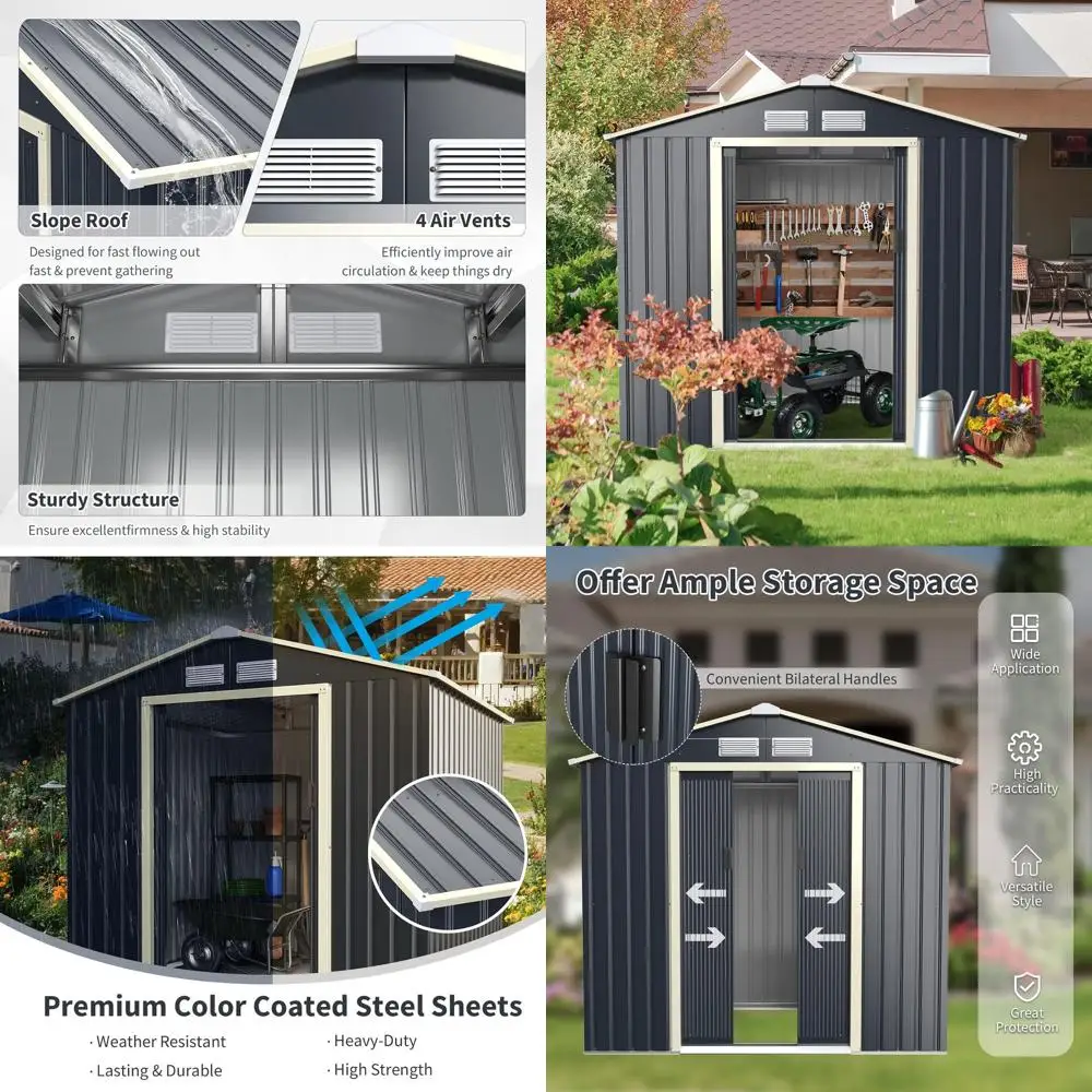 

Металлический уличный навес размером 7x6 футов с 4 вентиляционными отверстиями и двойными дверями для хранения сада, патио и газона