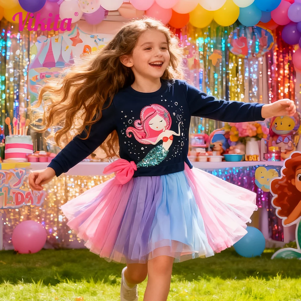 VIKITA Girls Sweater Dress Children Cotton Casual Patchwork Dress Kids Mermaid Appliqued Princess Cartoon Party Fashion Dresses