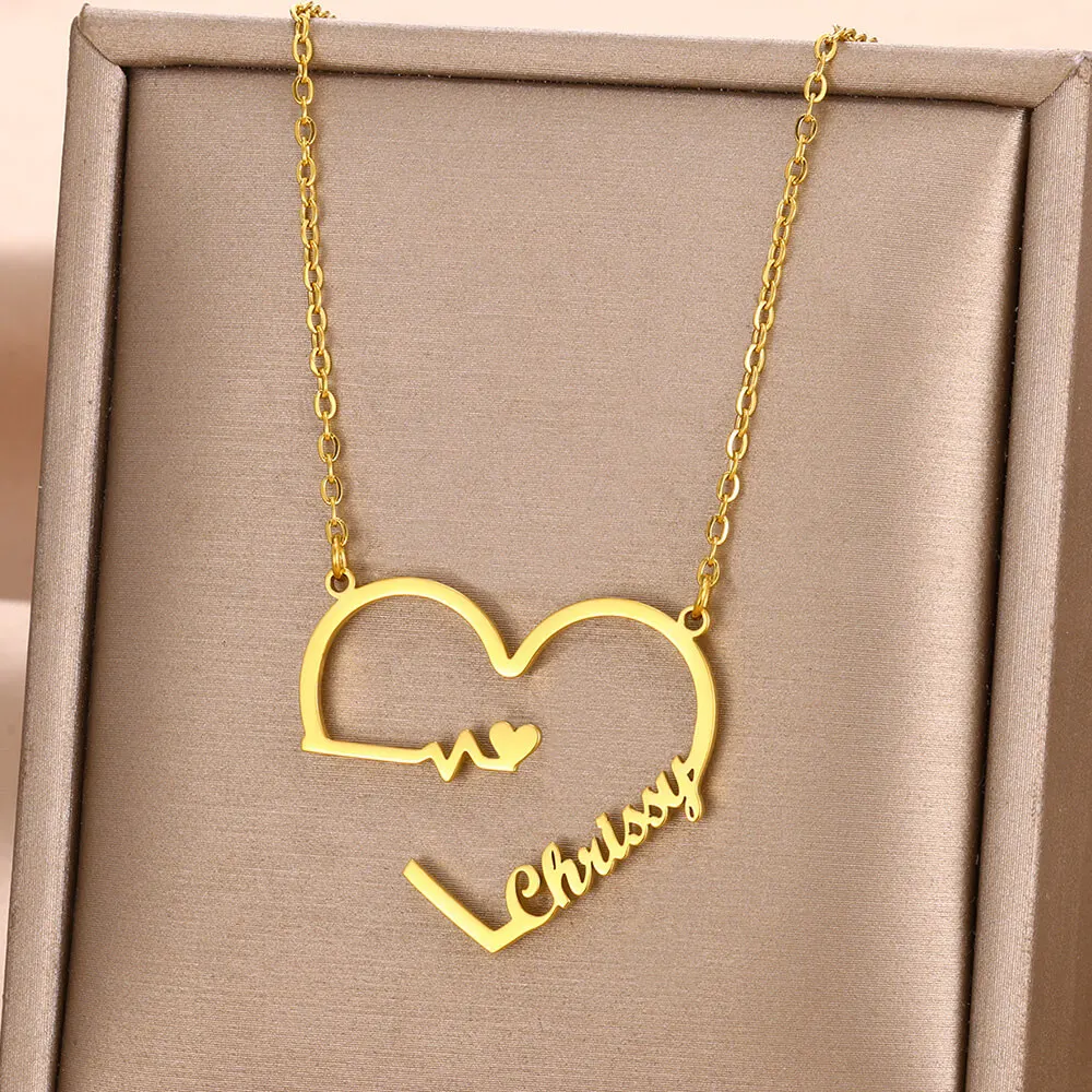 

Custom Gold Color Heartbeat Name Necklace Women Girl Romantic Jewelry Stainless Steel Nameplate Pendant Necklace Best Gifts